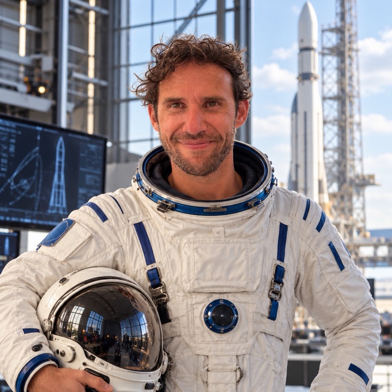 Matthias Stevens, in a spacesuit, in front of a rocket