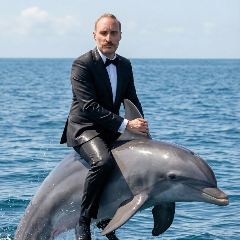 Vincent Stevens, in a dinner suit, riding a dolphin